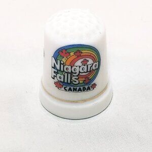 Niagara Falls Canada Thimble Souvenir Porcelain Vintage 1" White Maple Leaf